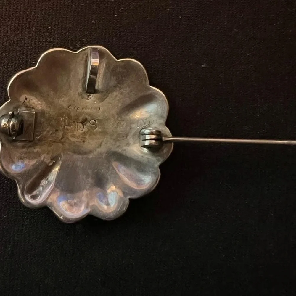 Zuni Sunface Sterling Silver Inlay Pendant Brooch Pin Mother of Pearl EDS Signed